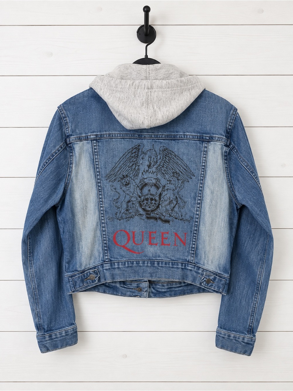 Queen Graphic Denim Jacket with Gray Hood